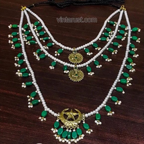 Pearls Beaded Multilayers Bib Necklace, Handmade Three Layers Bib Necklace, - Picture 4 of 8